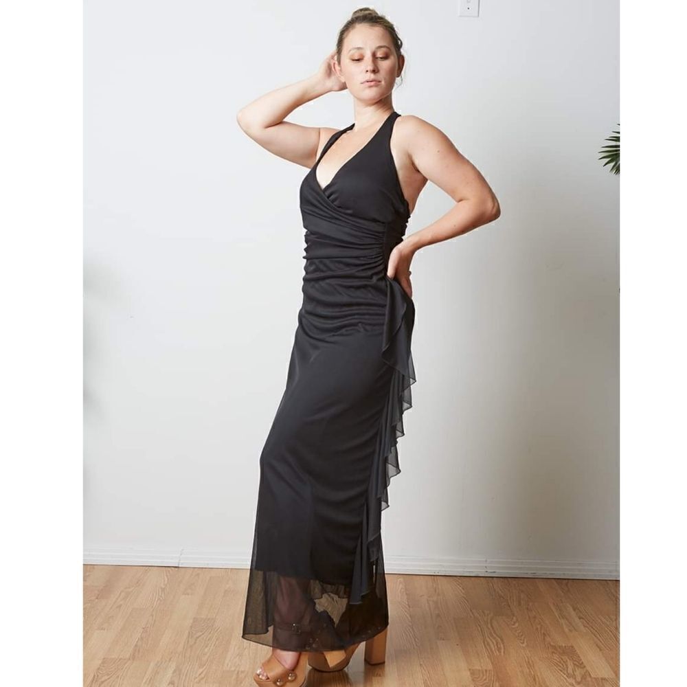 NWT Bryan's Black Halter Dress with Cascading Ruffles Sheer Overlay 7 
